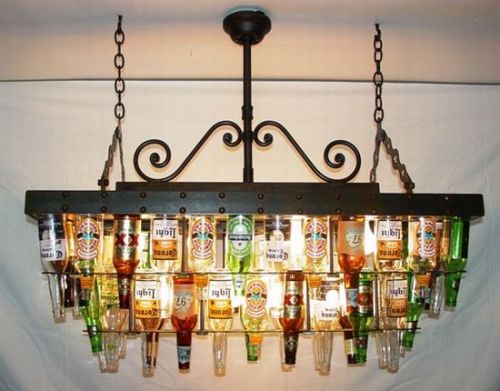 A two tier recycled beer bottle chandelier