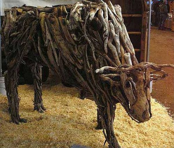 Animal sculptures made from rotten river wood