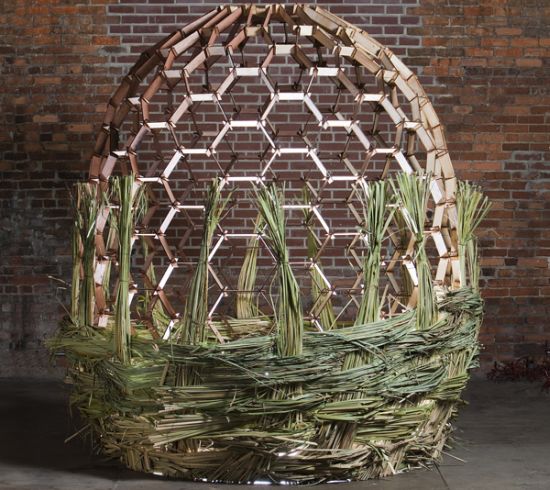 basket shaped installation fills itself with plant