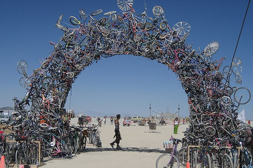 Bike arch made from a collection of broken bikes