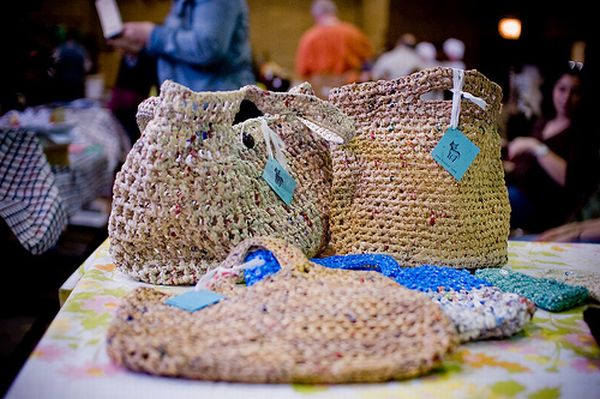 Handbags made out of plastic grocery bags
