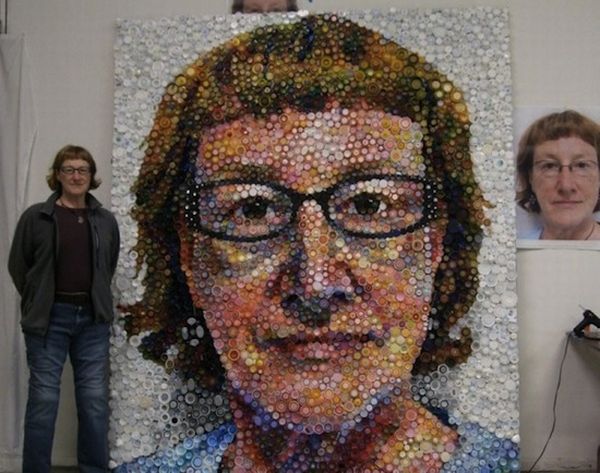 portrait made from discarded bottle caps