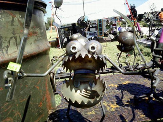 recycled military gear transformed into gnomes and