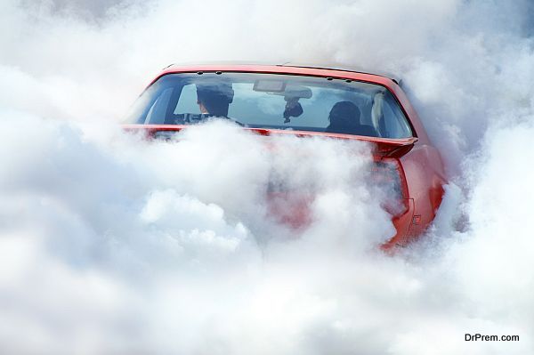 American car in smoke