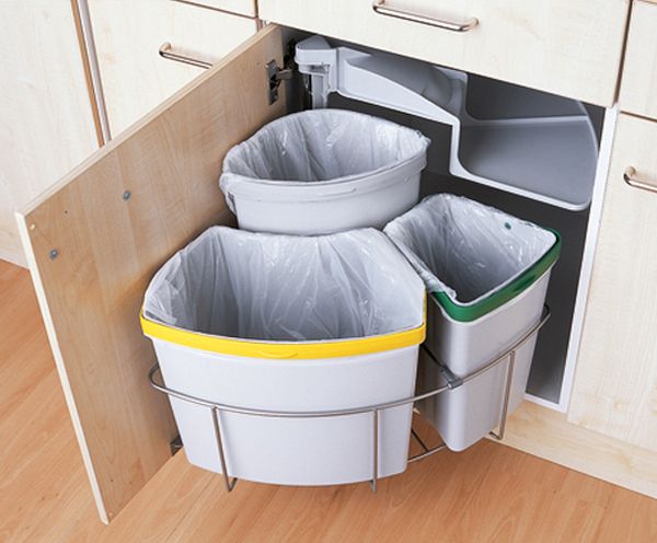 recycling bins in kitchen cupboards
