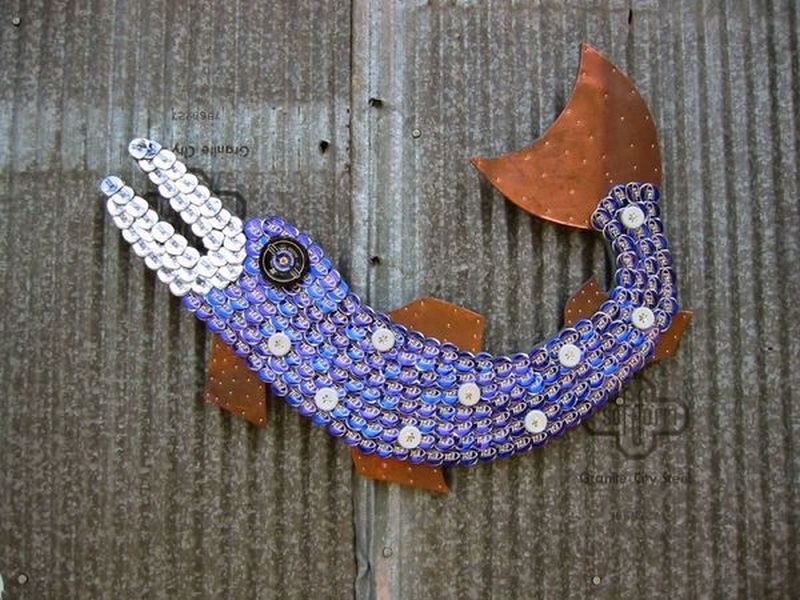 Recycled Bottle Cap Fish Mosaic